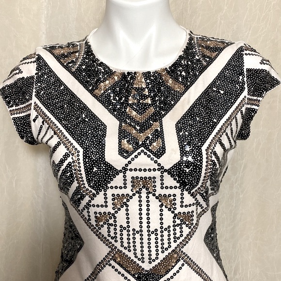 Express cocktail dress cream in color with black and gold sequins. Medium - Picture 2 of 13